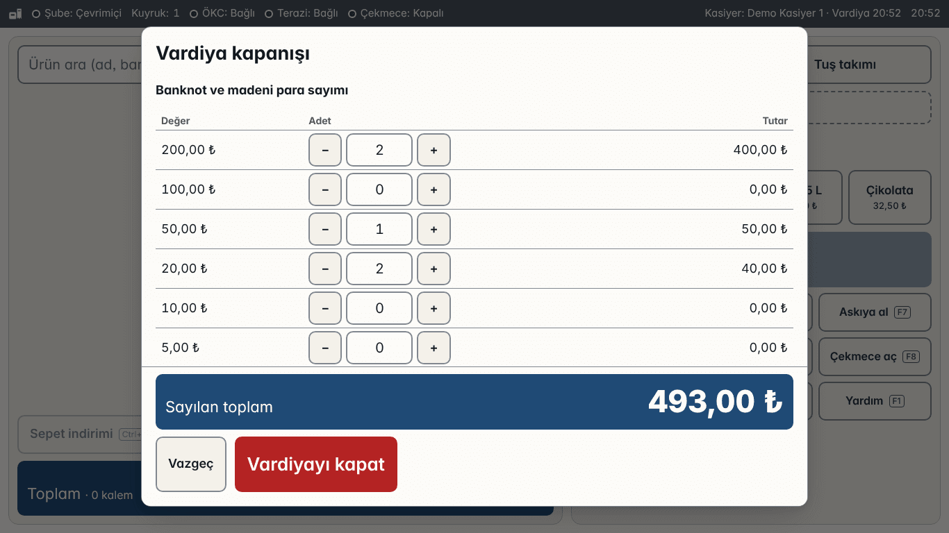 Vardiya kapanışı ekranı: banknot ve madenî para adetleri, satır tutarları ve sayılan toplam.