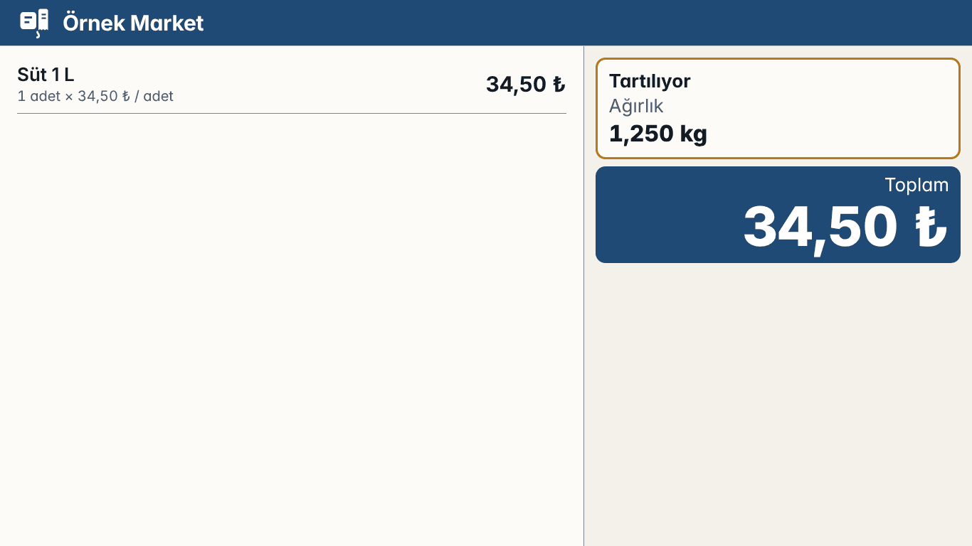 Müşteri ekranı: tartılan domatesin ağırlığı 1,579 kg, kilogram fiyatı 34,90 TL ve tutarı 55,11 TL.