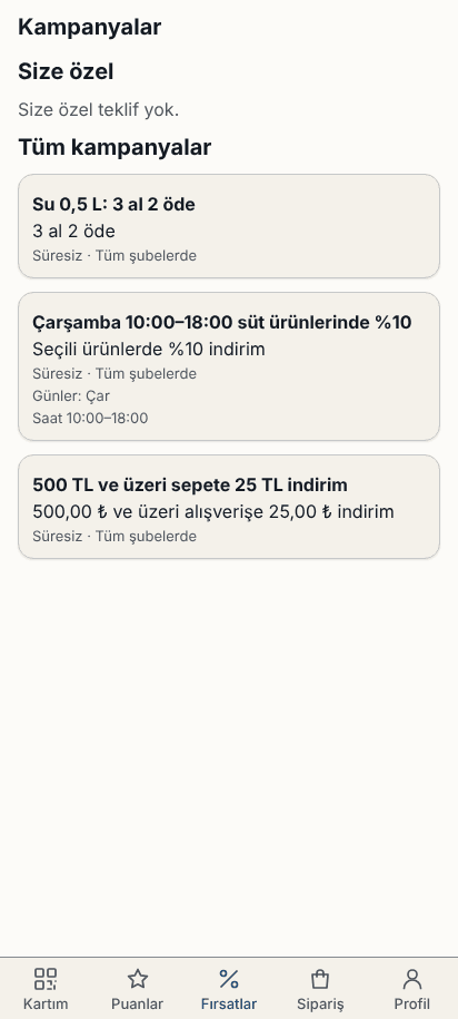 Müşteri uygulamasında kampanyalar: 3 al 2 öde, sepet tutarına indirim ve gün-saat aralıklı kategori indirimi.