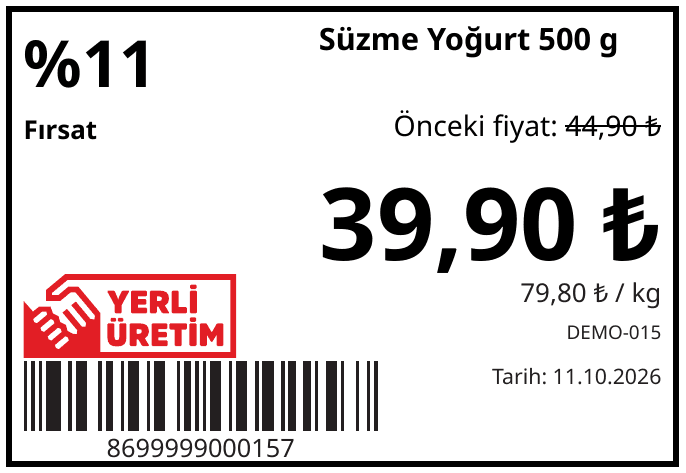 Örnek indirimli raf etiketi: indirim oranı, önceki fiyat, yeni fiyat, kilogram fiyatı, menşe ülke ve barkod.
